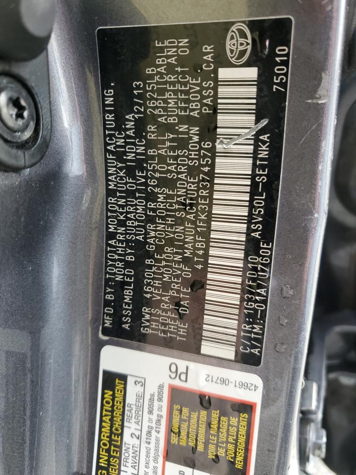 2014 Toyota Camry VIN 4T4BF1FK3ER374576 Copart auction photo, rollover damage thumbnail 13