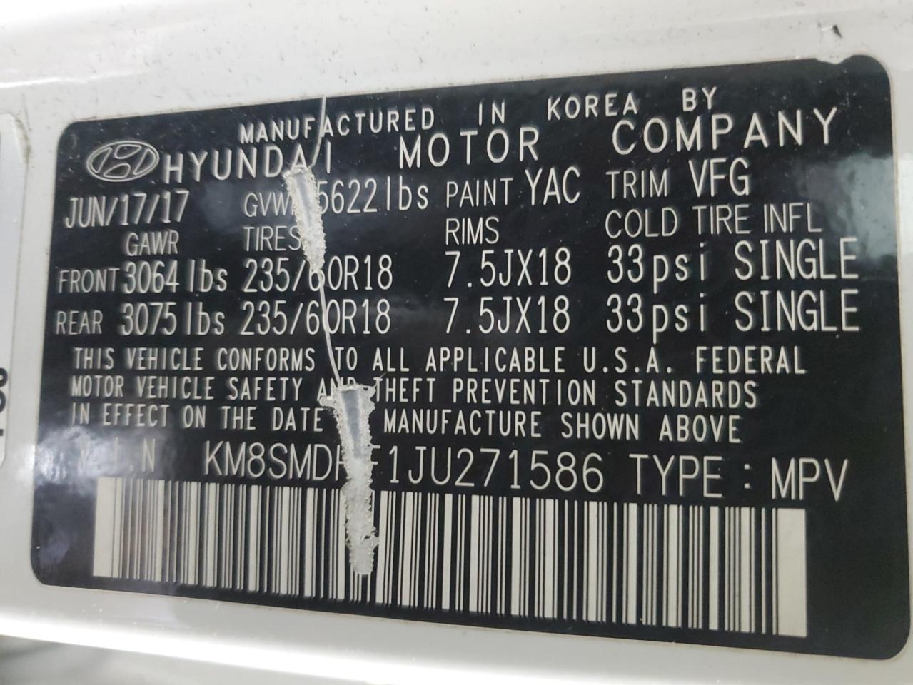 2018 Hyundai Santa Fe VIN KM8SMDHF1JU271586 Copart auction photo, front end / side damage thumbnail 14