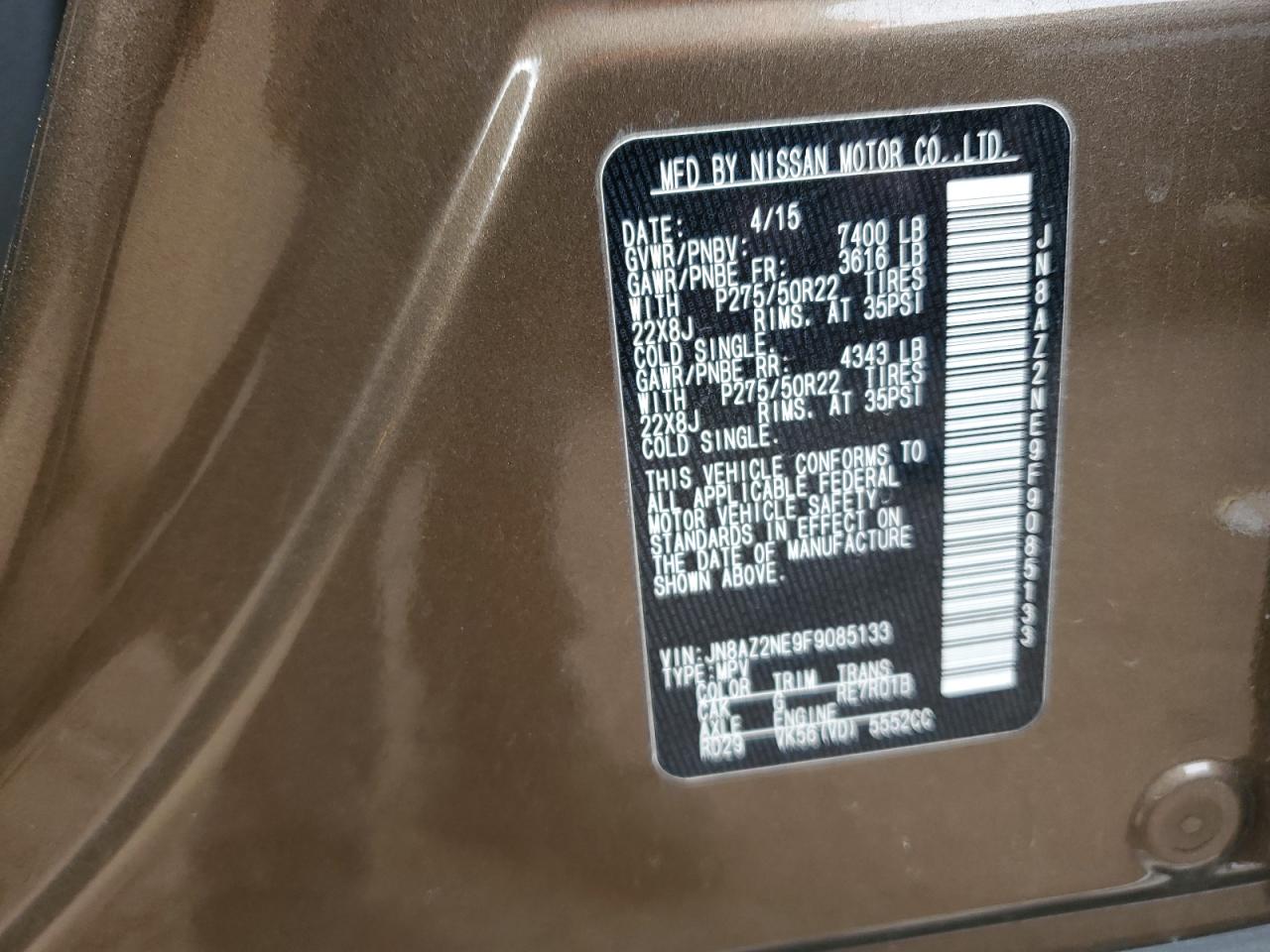 2015 Infiniti QX80 VIN JN8AZ2NE9F9085133 Copart auction photo, side / rear end damage thumbnail 14