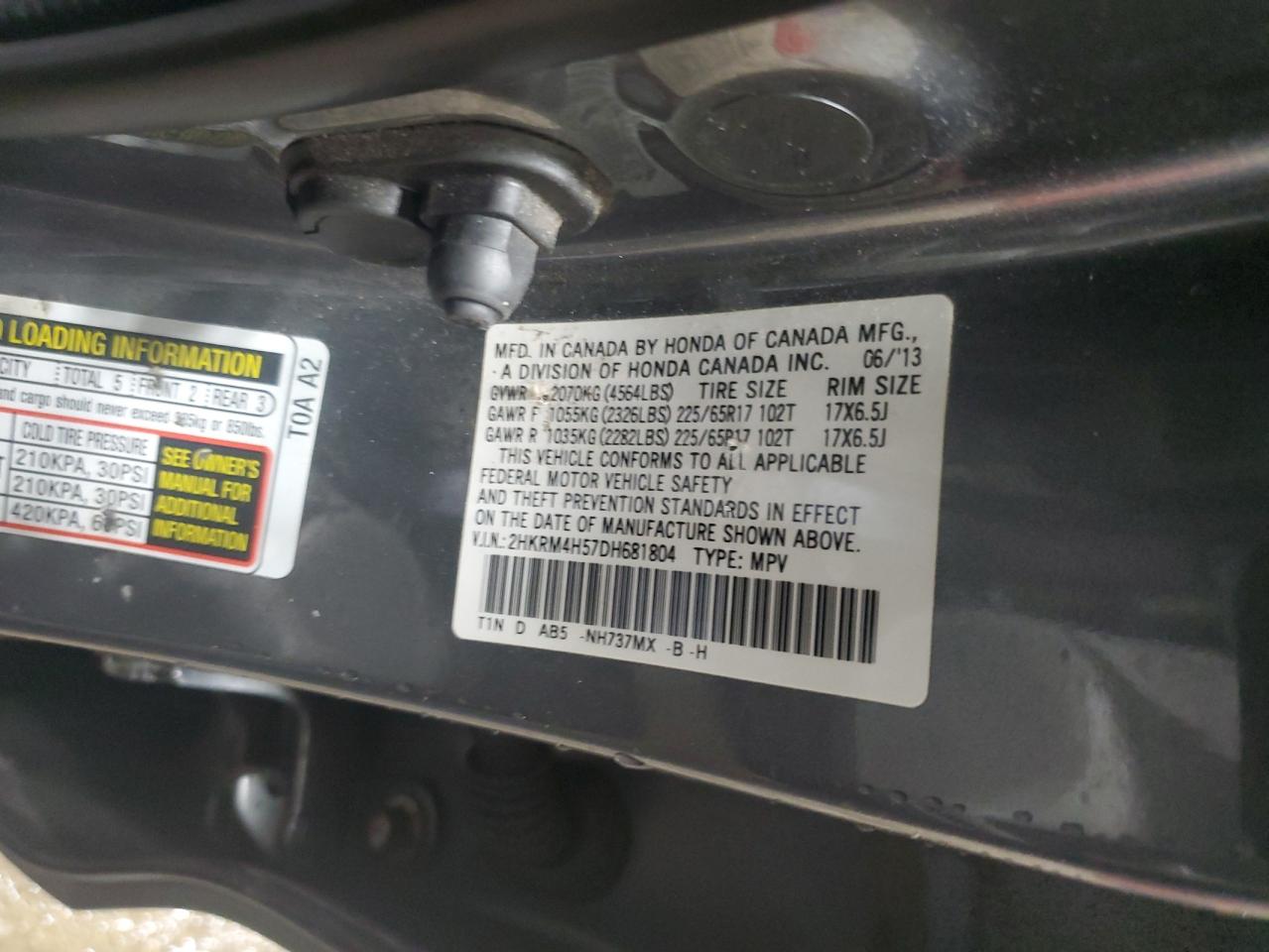2013 Honda CR-V VIN 2HKRM4H57DH681804 Copart auction photo, front end damage thumbnail 13
