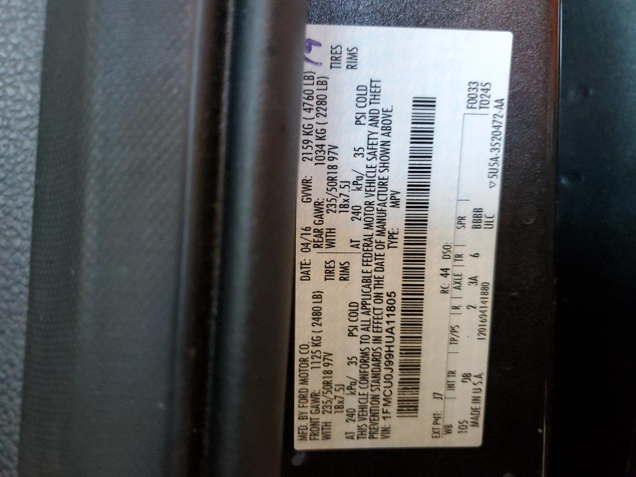 2017 Ford Escape VIN 1FMCU0J99HUA11805 Copart auction photo, all over / undercarriage damage thumbnail 14