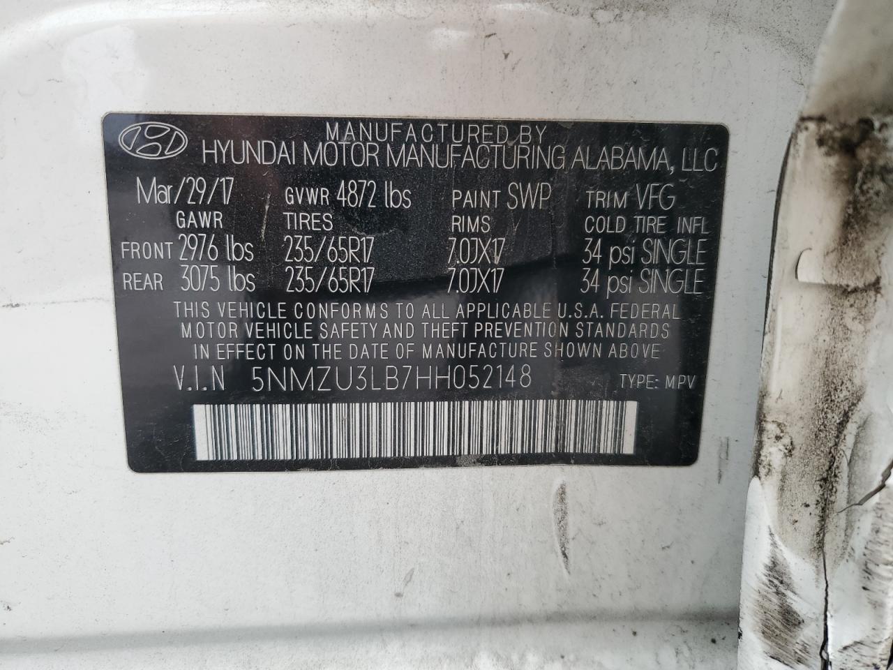 2017 Hyundai Santa Fe VIN 5NMZU3LB7HH052148 Copart auction photo, side damage thumbnail 12