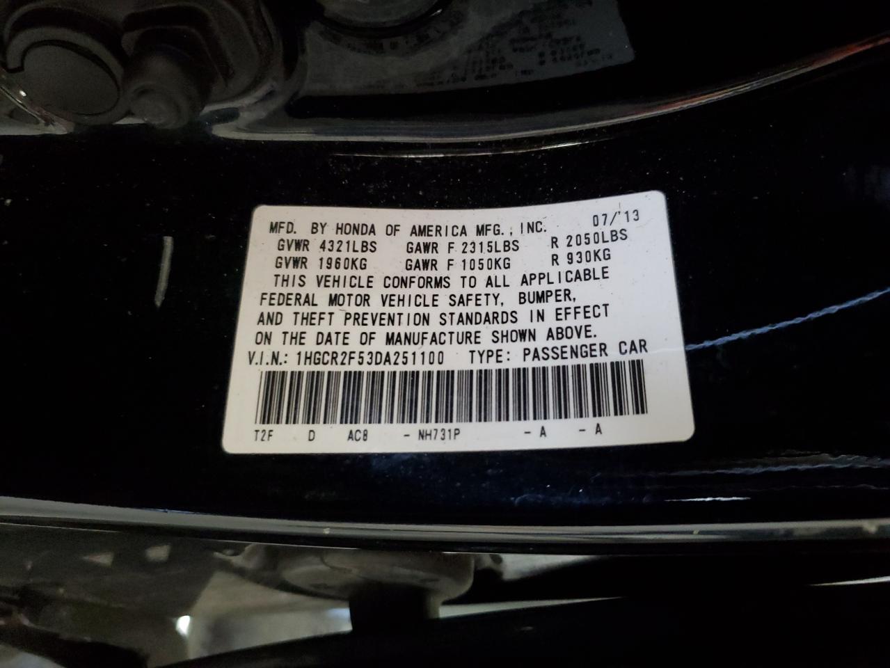 2013 Honda Accord VIN 1HGCR2F53DA251100 Copart auction photo, side / front end damage thumbnail 12