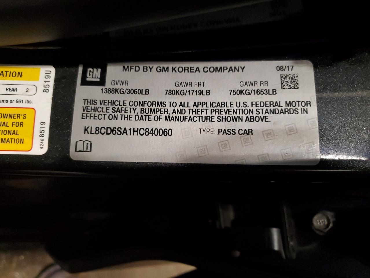 2017 Chevrolet Spark VIN KL8CD6SA1HC840060 Copart auction photo, front end damage thumbnail 12