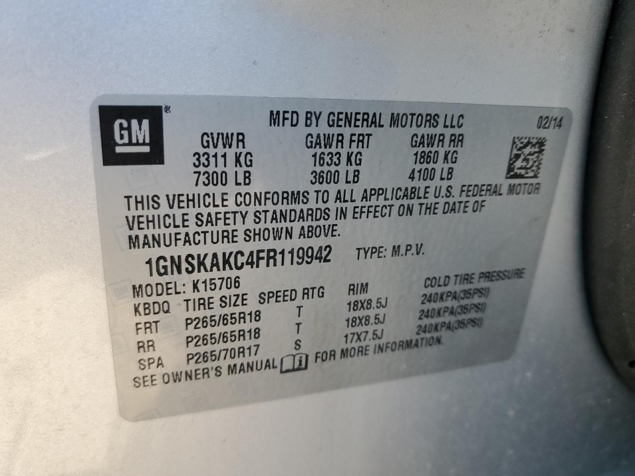 2015 Chevrolet Tahoe VIN 1GNSKAKC4FR119942 Copart auction photo, side / rear end damage thumbnail 15