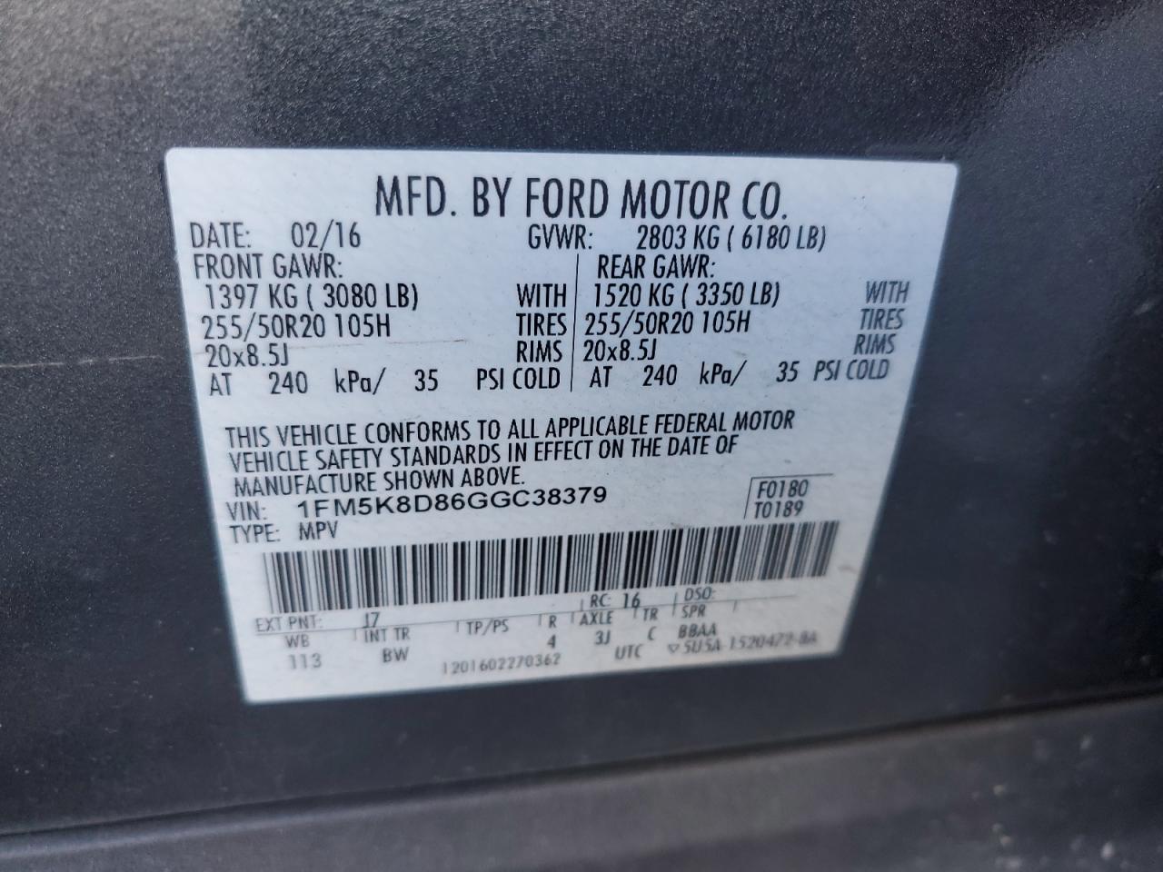 2016 Ford Explorer VIN 1FM5K8D86GGC38379 Copart auction photo, front end damage thumbnail 13