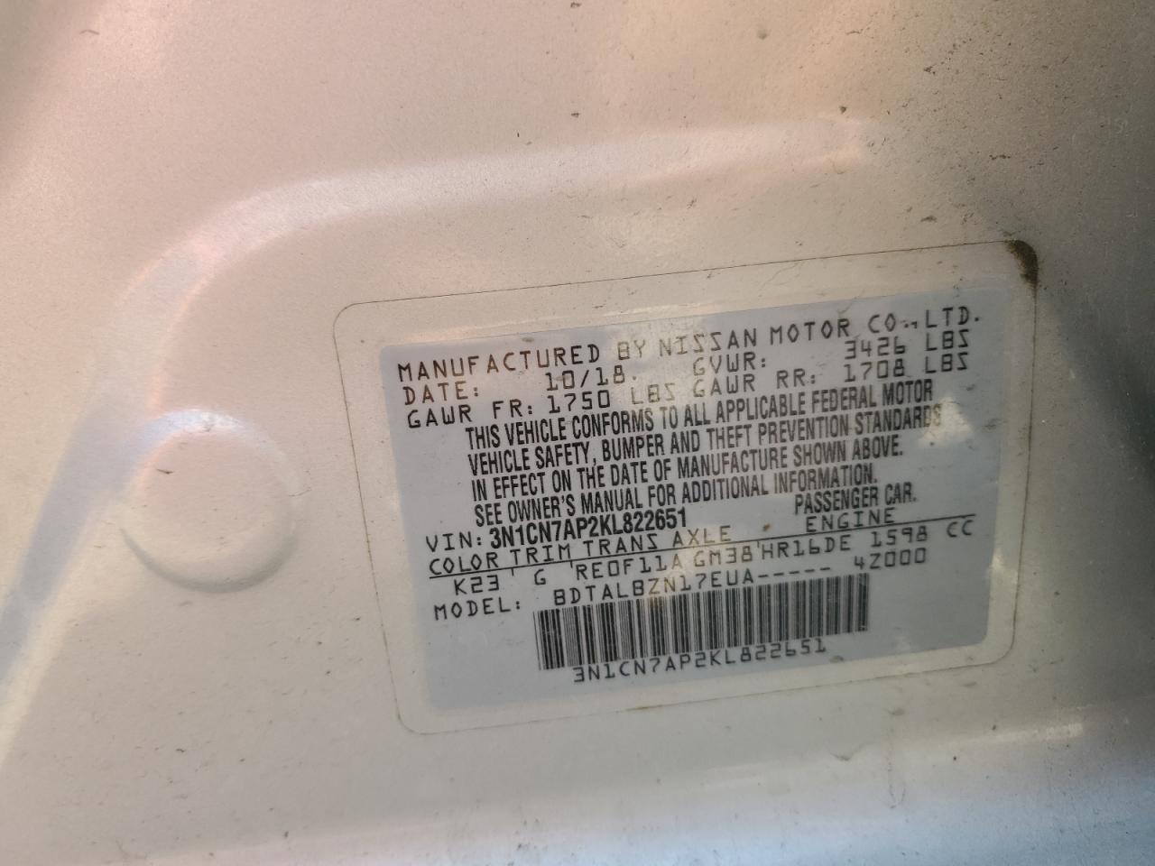 2019 Nissan Versa VIN 3N1CN7AP2KL822651 Copart auction photo, minor dent/scratches damage thumbnail 12