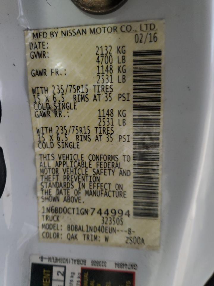 2016 Nissan Navara (Frontier) VIN 1N6BD0CT1GN744994 Copart auction photo, rear end / front end damage thumbnail 12