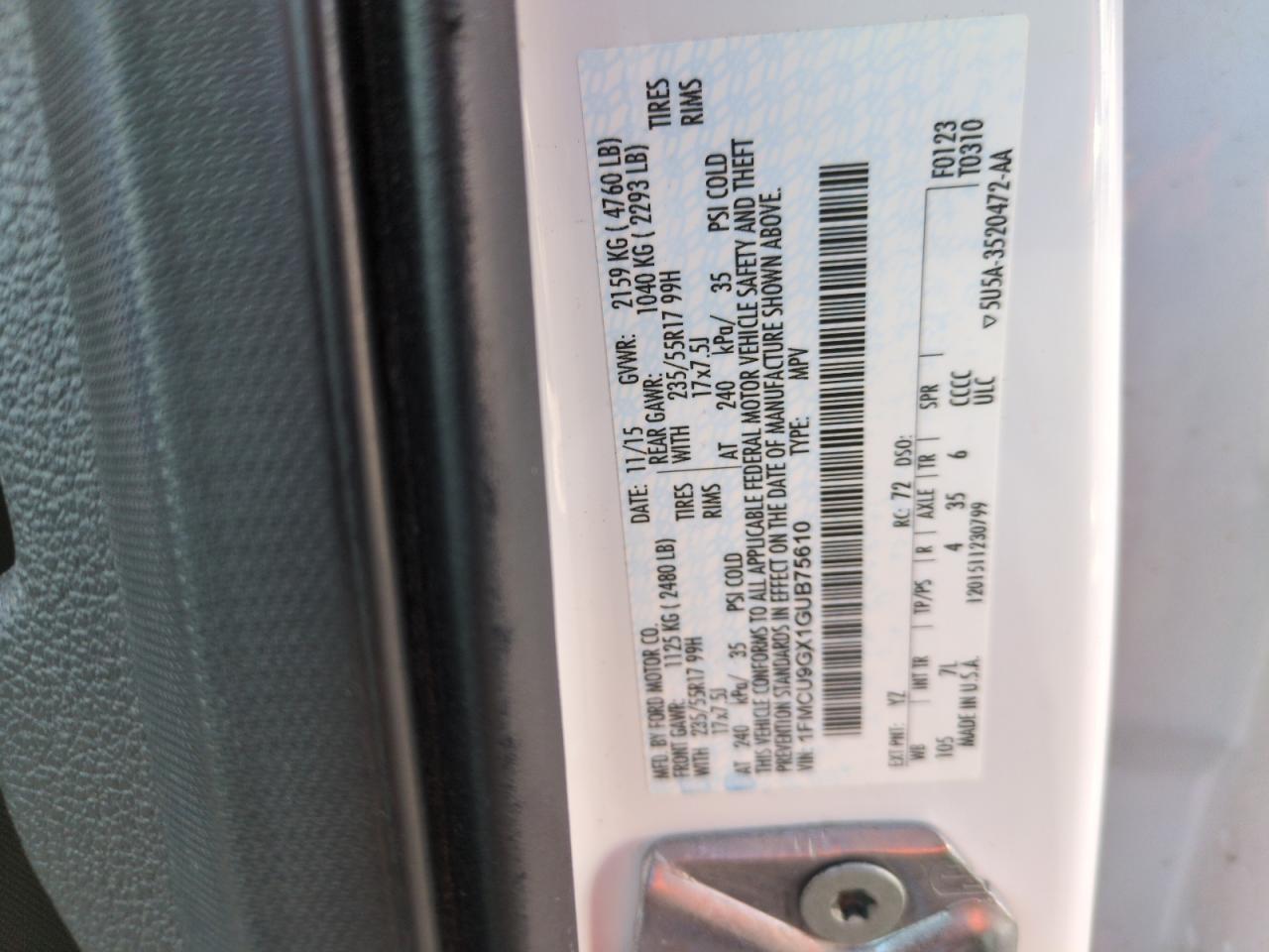 2016 Ford Escape VIN 1FMCU9GX1GUB75610 Copart auction photo, side damage thumbnail 12