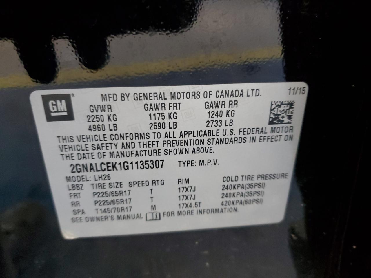 2016 Chevrolet Equinox VIN 2GNALCEK1G1135307 Copart auction photo, front end damage thumbnail 14
