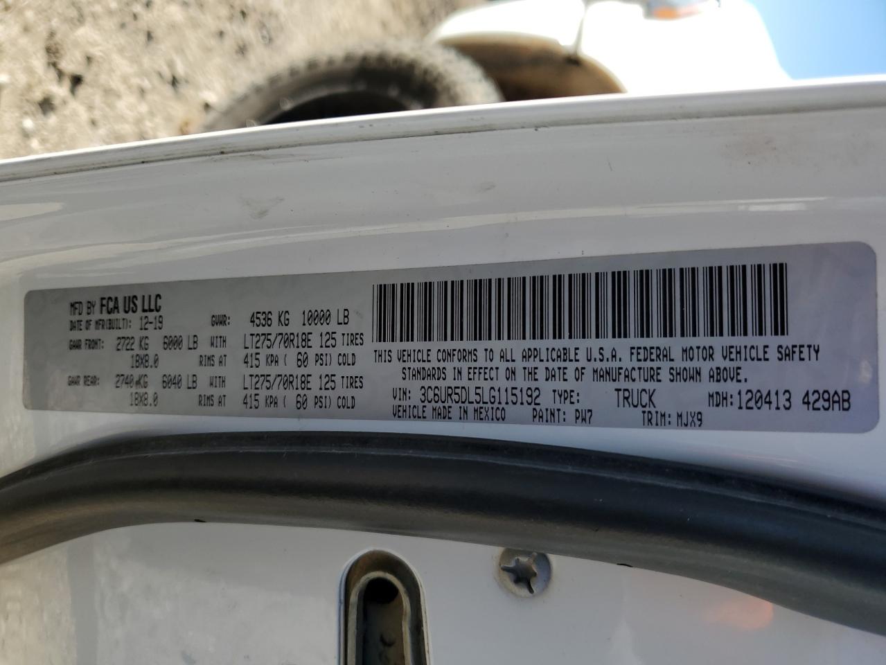 2020 RAM 2500 VIN 3C6UR5DL5LG115192 Copart auction photo, side damage thumbnail 12