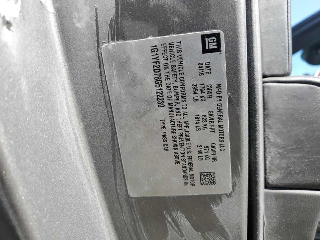 2016 Chevrolet Corvette VIN 1G1YF2D78G5122230 Copart auction photo, all over / undercarriage damage thumbnail 15