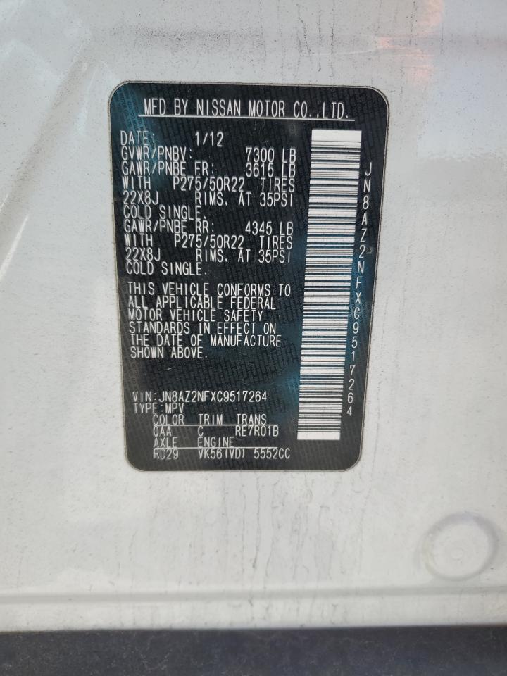 2012 Infiniti QX56 VIN JN8AZ2NFXC9517264 Copart auction photo, front end damage thumbnail 13
