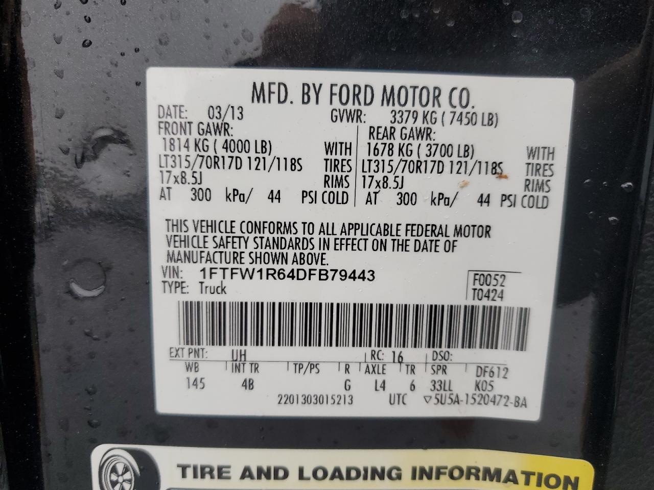 2013 Ford F-150 VIN 1FTFW1R64DFB79443 Copart auction photo, top/roof / front end damage thumbnail 13