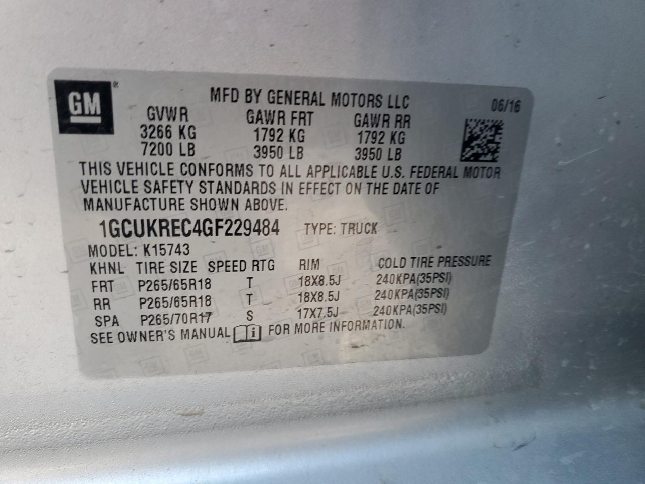 2016 Chevrolet Silverado VIN 1GCUKREC4GF229484 Copart auction photo, rear end damage thumbnail 13