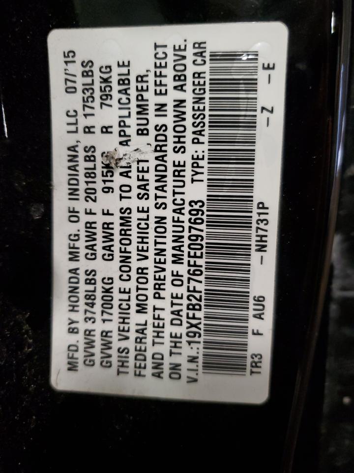 2015 Honda Civic VIN 19XFB2F76FE097693 Copart auction photo, side / front end damage thumbnail 12