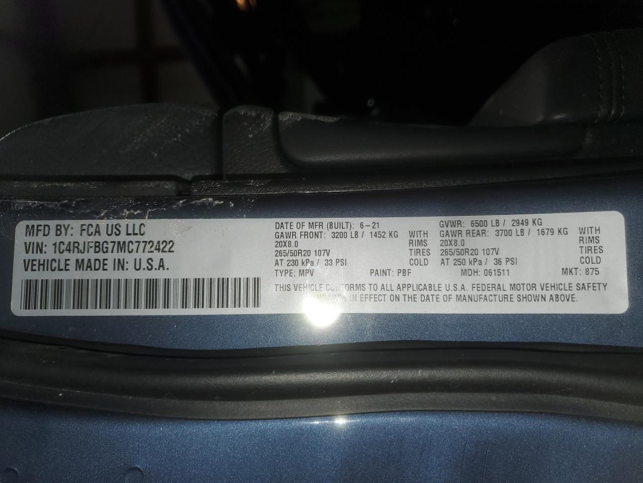 2021 Jeep Grand Cherokee VIN 1C4RJFBG7MC772422 Copart auction photo, rear end / front end damage thumbnail 15