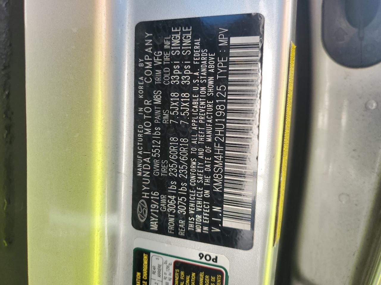 2017 Hyundai Santa Fe VIN KM8SM4HF2HU198125 Copart auction photo, rear end damage thumbnail 15