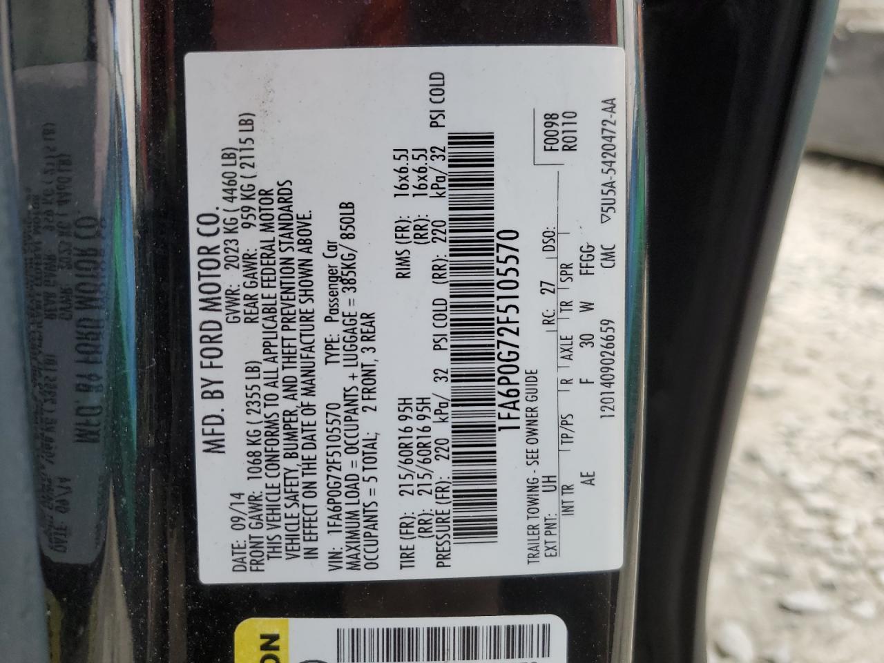 2015 Ford Fusion VIN 1FA6P0G72F5105570 Copart auction photo, rear end damage thumbnail 12