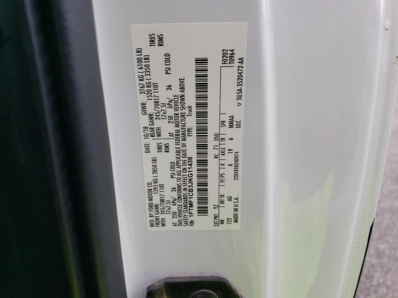 2018 Ford F-150 VIN 1FTMF1CB3JKG11438 Copart auction photo, rear end damage thumbnail 12
