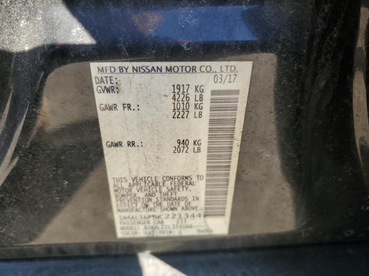 2017 Nissan Altima VIN 1N4AL3AP5HC221344 Copart auction photo, front end / side damage thumbnail 12