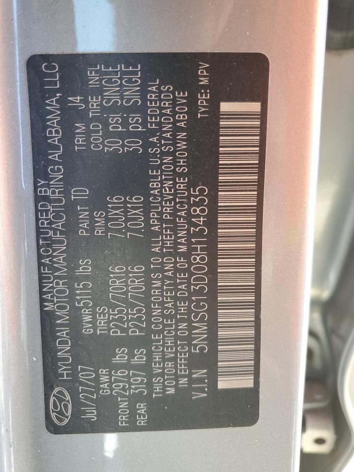 2008 Hyundai Santa Fe VIN 5NMSG13D08H134835 Copart auction photo, rear end / side damage thumbnail 13