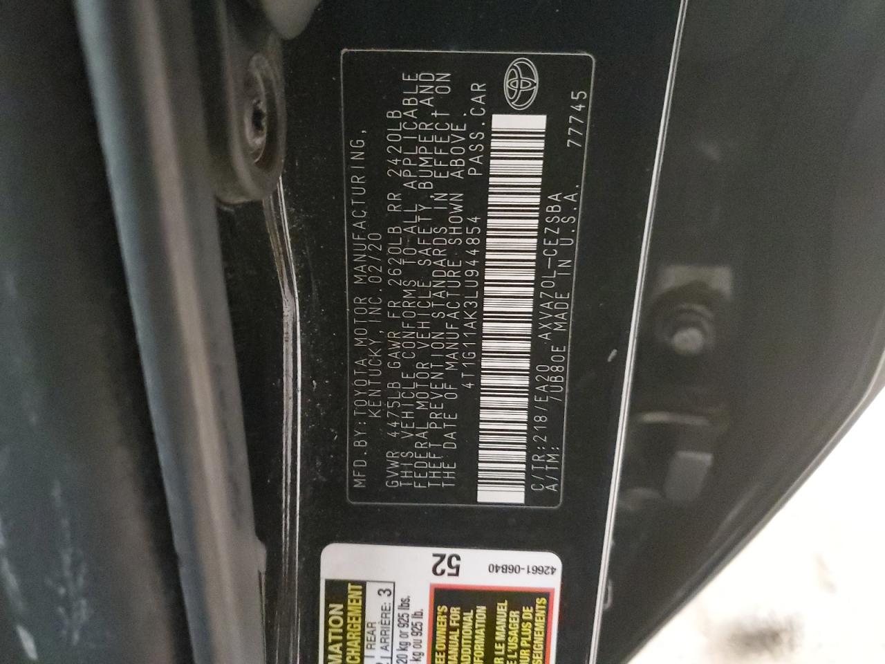 2020 Toyota Camry VIN 4T1G11AK3LU944854 Copart auction photo, all over damage thumbnail 12