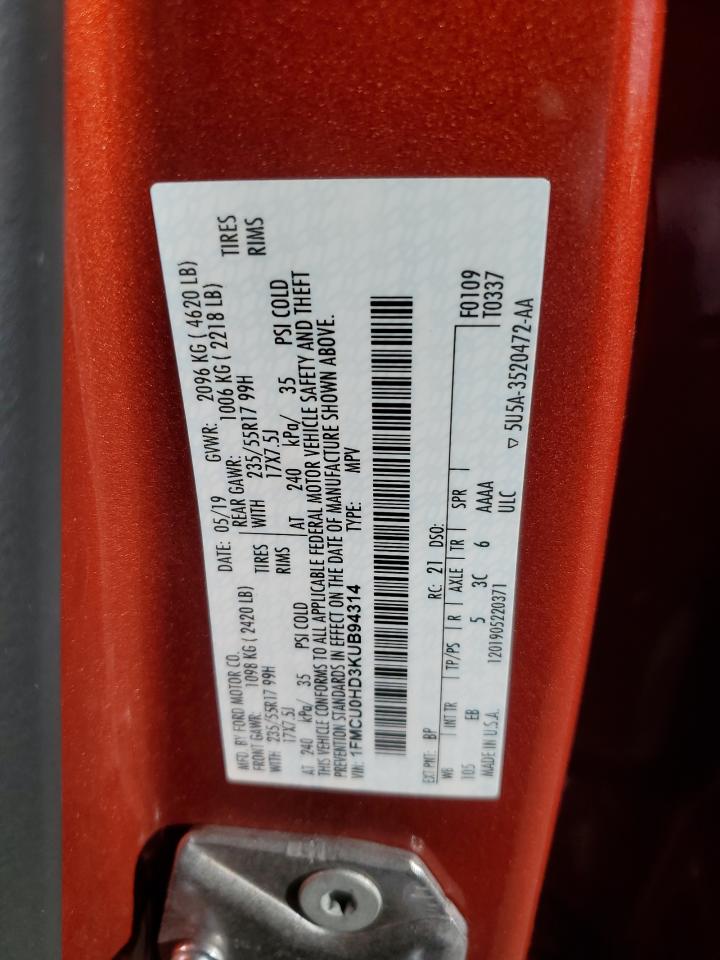 2019 Ford Escape VIN 1FMCU0HD3KUB94314 Copart auction photo, front end / side damage thumbnail 16