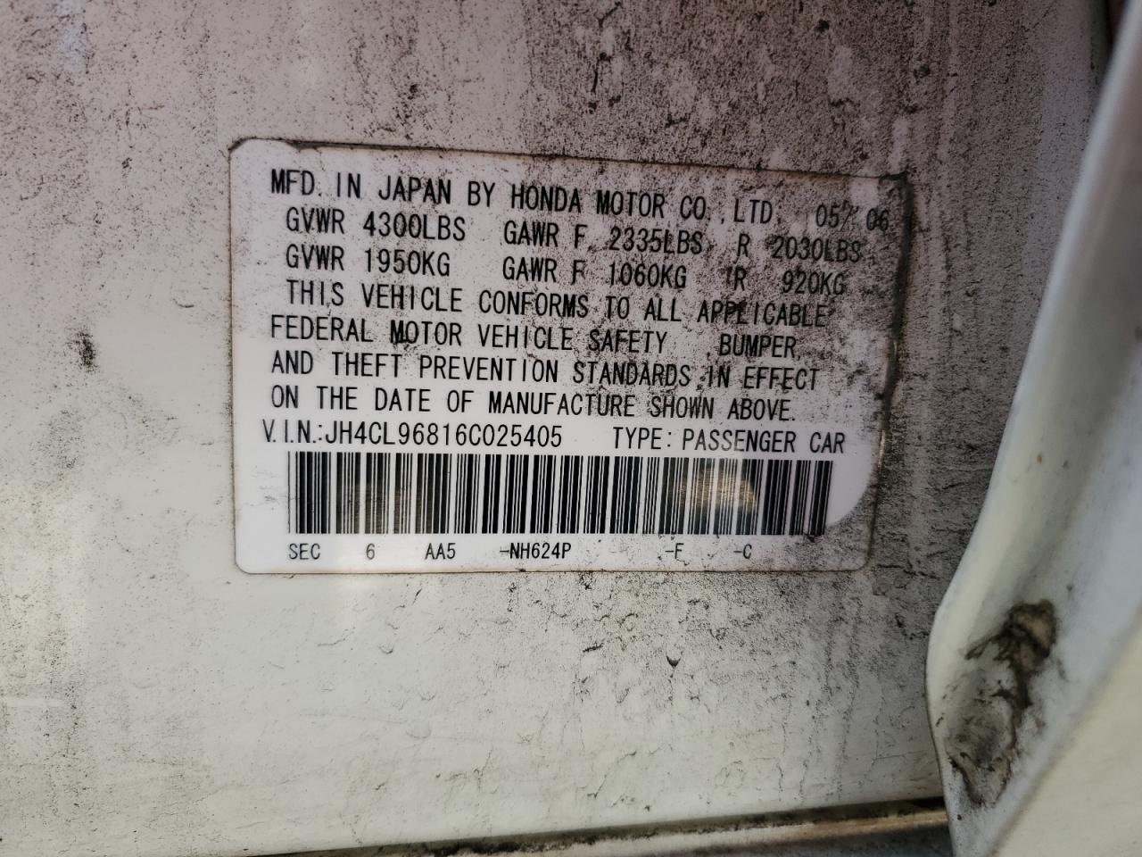 2006 Acura TSX VIN JH4CL96816C025405 Copart auction photo, rear end / front end damage thumbnail 12
