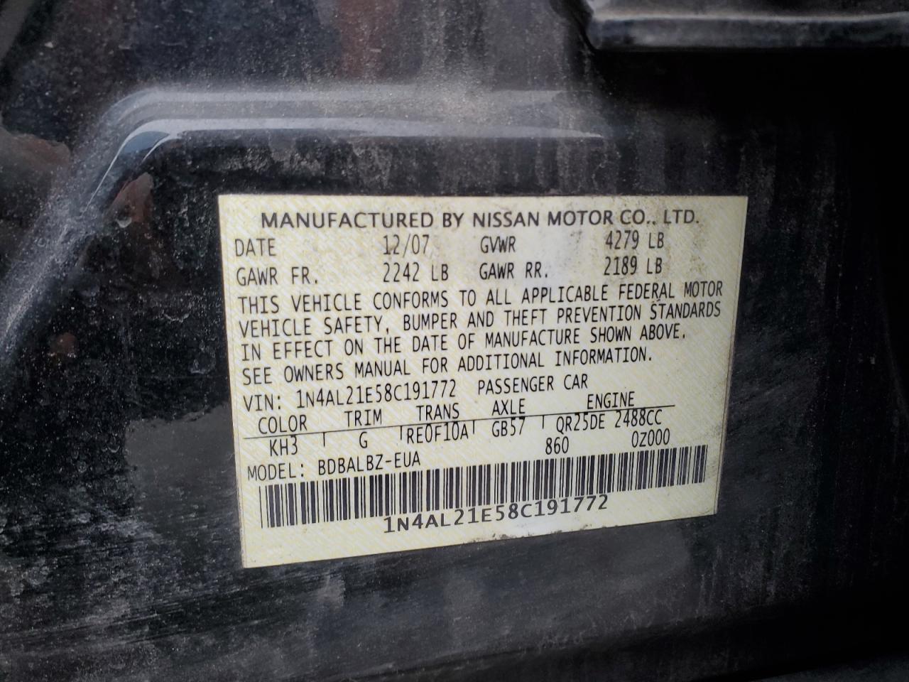 2008 Nissan Altima VIN 1N4AL21E58C191772 Copart auction photo, front end / undercarriage damage thumbnail 12