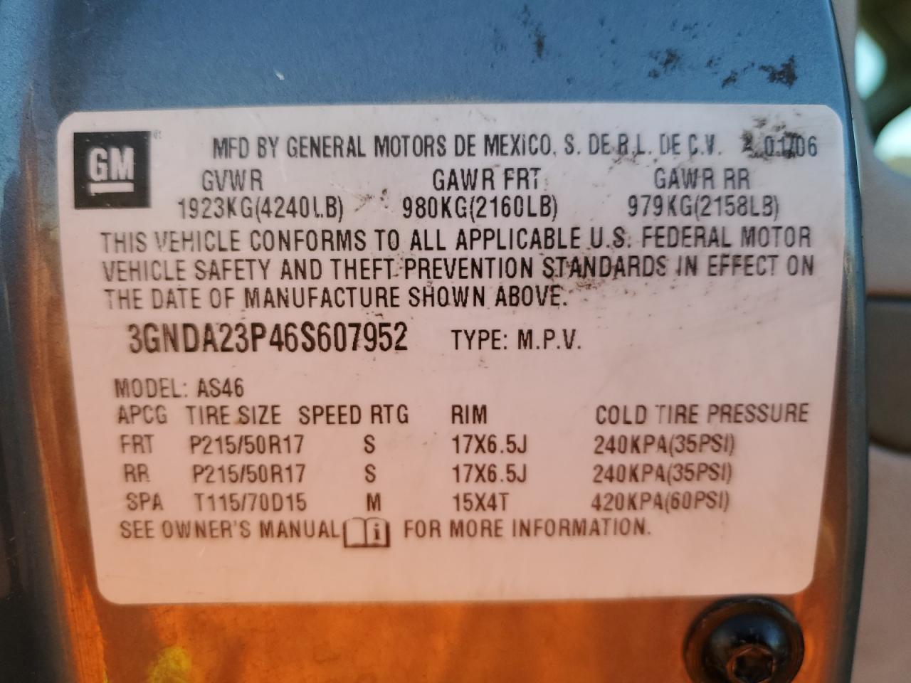 2006 Chevrolet HHR VIN 3GNDA23P46S607952 Copart auction photo, front end / side damage thumbnail 14