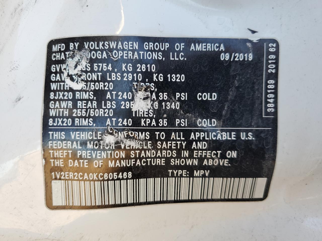 2019 Volkswagen Atlas VIN 1V2ER2CA0KC605468 Copart auction photo, side / minor dent/scratches damage thumbnail 13
