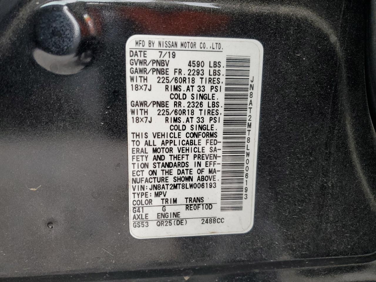 2020 Nissan Rogue VIN JN8AT2MT8LW006193 Copart auction photo, rear end damage thumbnail 15