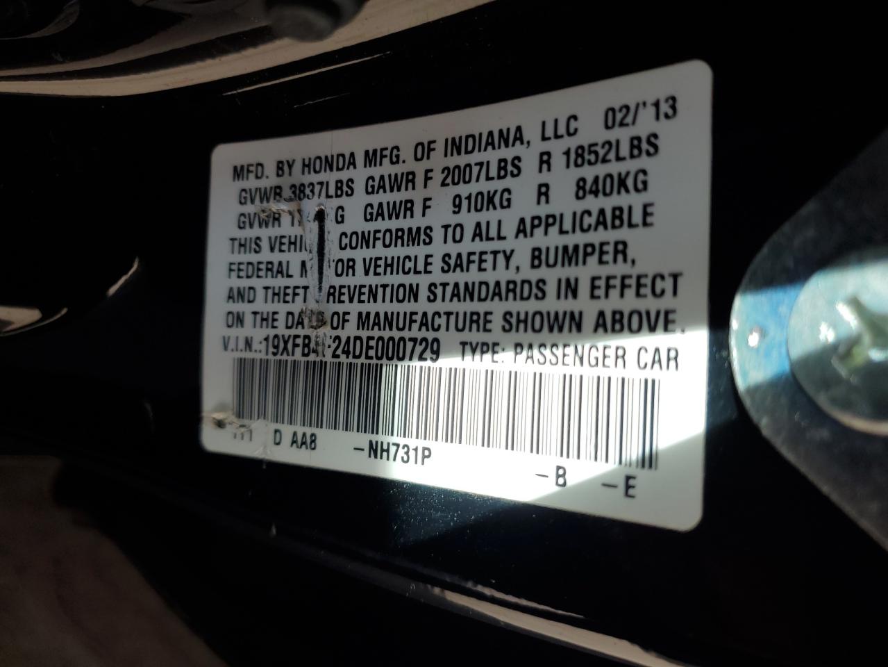 2013 Honda Civic VIN 19XFB4F24DE000729 Copart auction photo, minor dent/scratches damage thumbnail 12