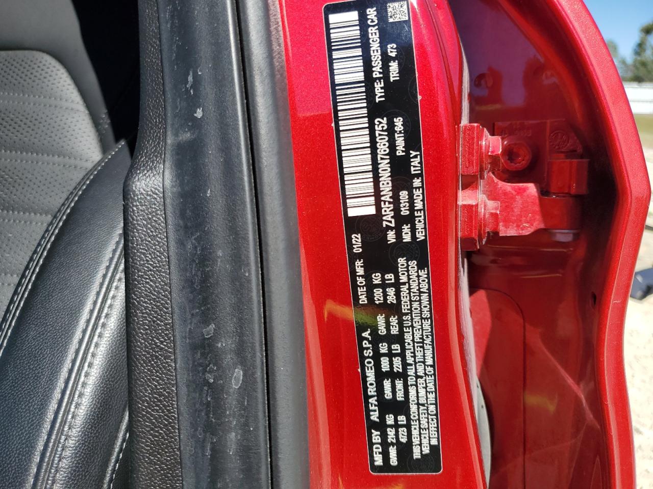 2022 Alfa Romeo Giulia VIN ZARFANBN0N7660752 Copart auction photo, rear end damage thumbnail 13