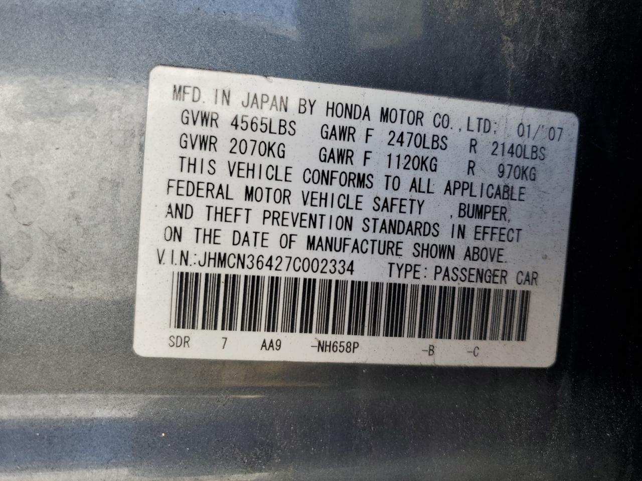 2007 Honda Accord VIN JHMCN36427C002334 Copart auction photo, all over damage thumbnail 13