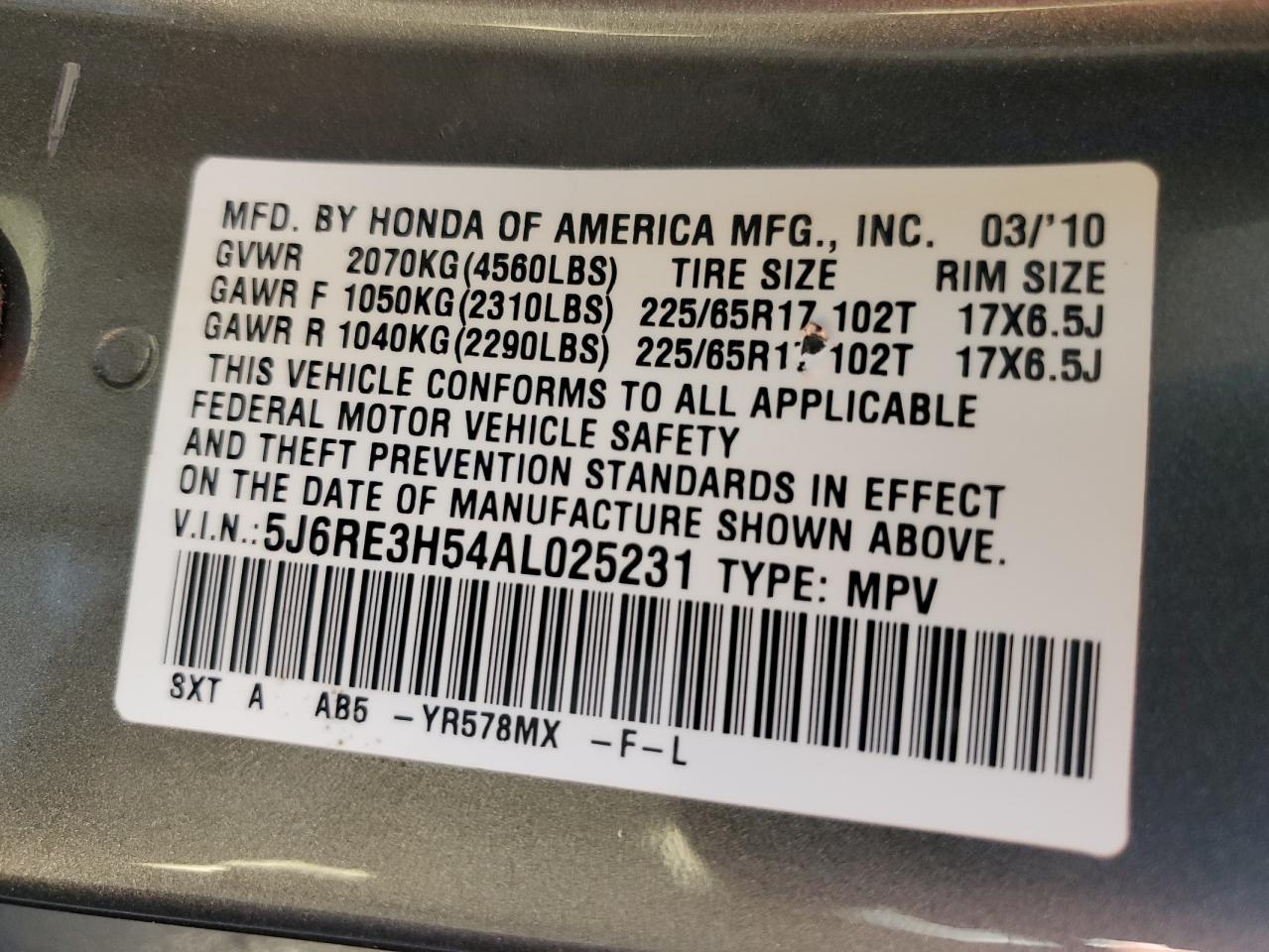 2010 Honda CR-V VIN 5J6RE3H54AL025231 Copart auction photo, rear end damage thumbnail 14
