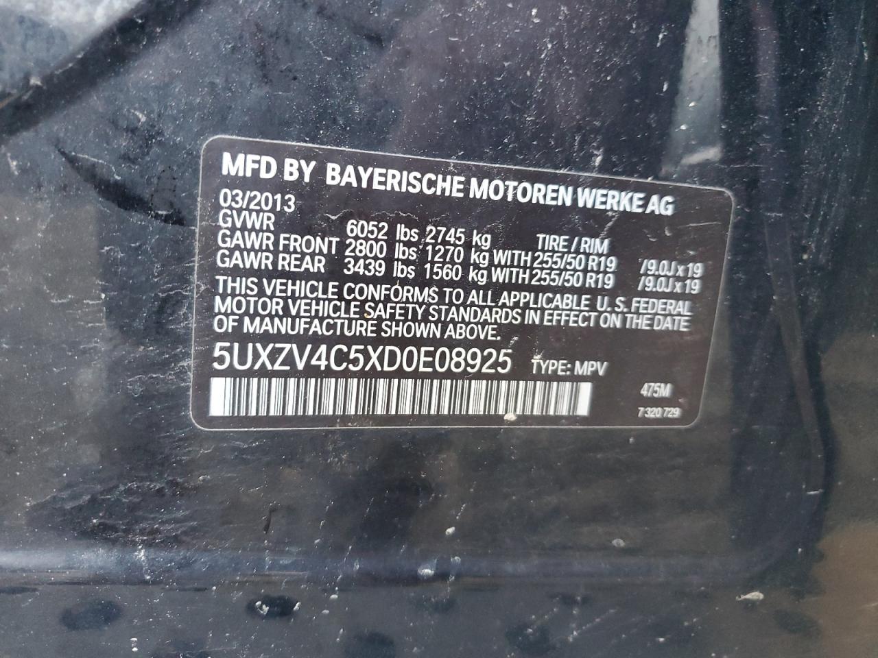 2013 BMW X5 VIN 5UXZV4C5XD0E08925 Copart auction photo, rear end / minor dent/scratches damage thumbnail 13