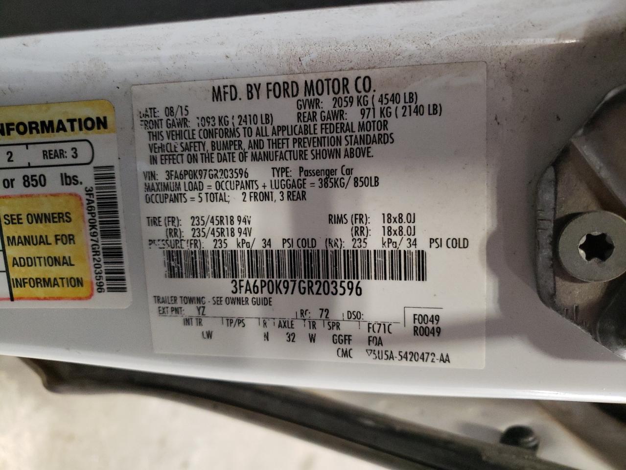 2016 Ford Fusion VIN 3FA6P0K97GR203596 Copart auction photo, all over damage thumbnail 15