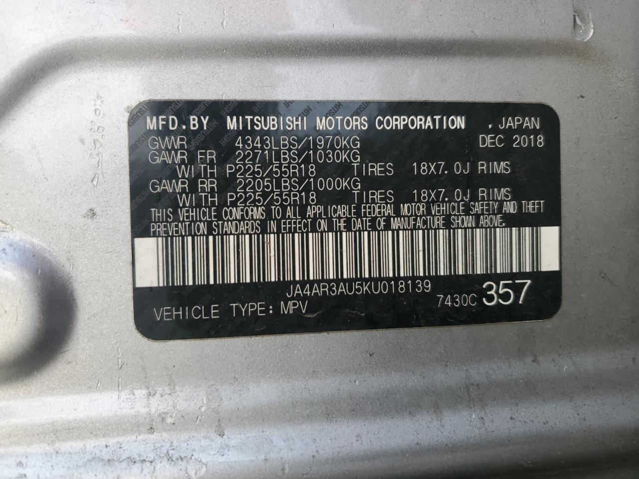 2019 Mitsubishi Outlander VIN JA4AR3AU5KU018139 Copart auction photo, rear end damage thumbnail 13