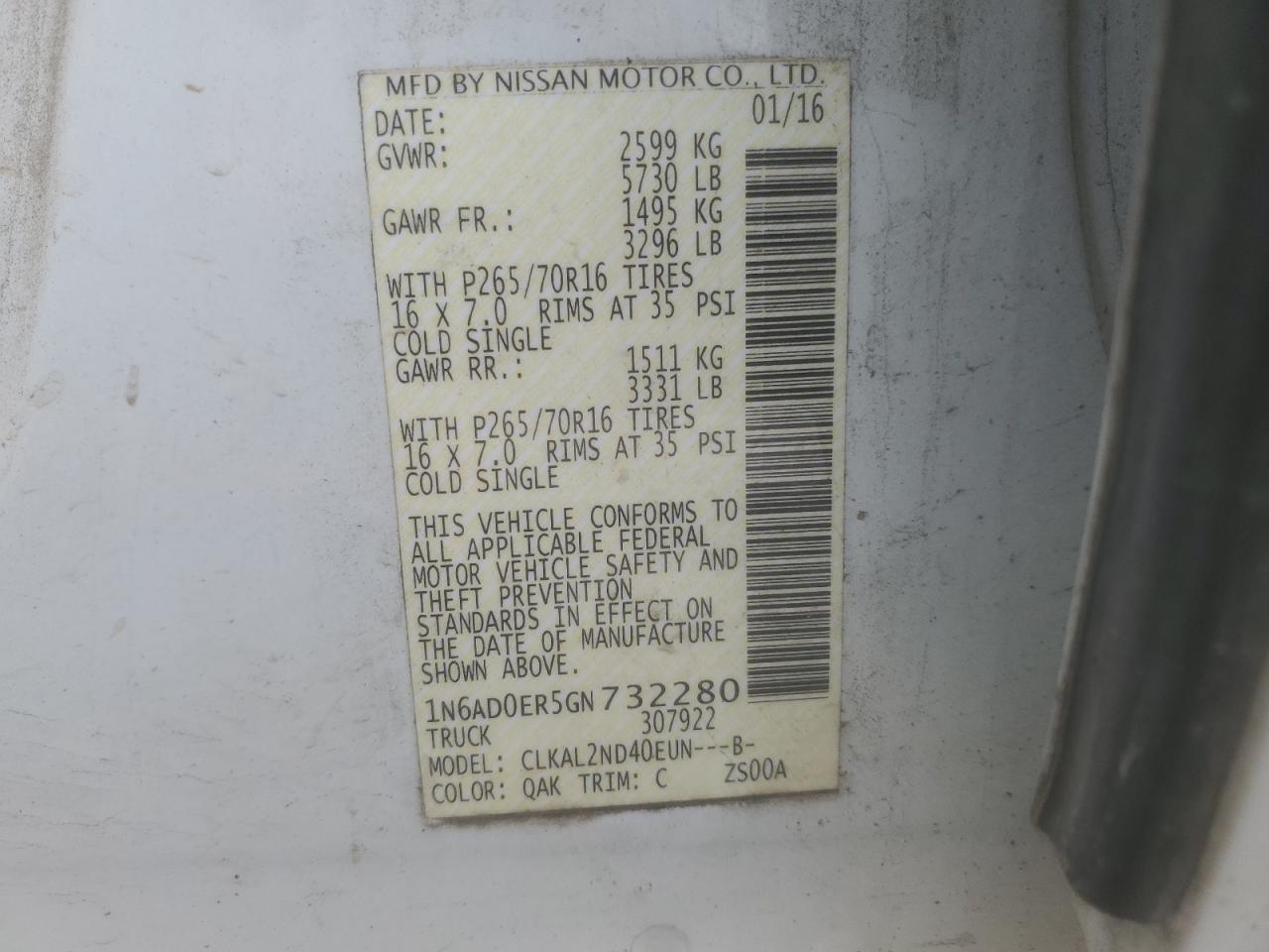 2016 Nissan Navara (Frontier) VIN 1N6AD0ER5GN732280 Copart auction photo, front end damage thumbnail 14