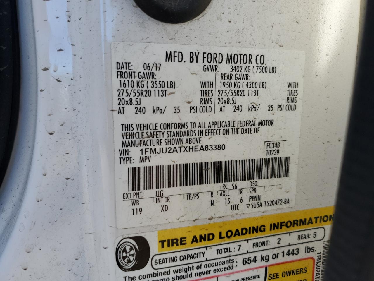 2017 Ford Expedition VIN 1FMJU2ATXHEA83380 Copart auction photo, rear end damage thumbnail 16