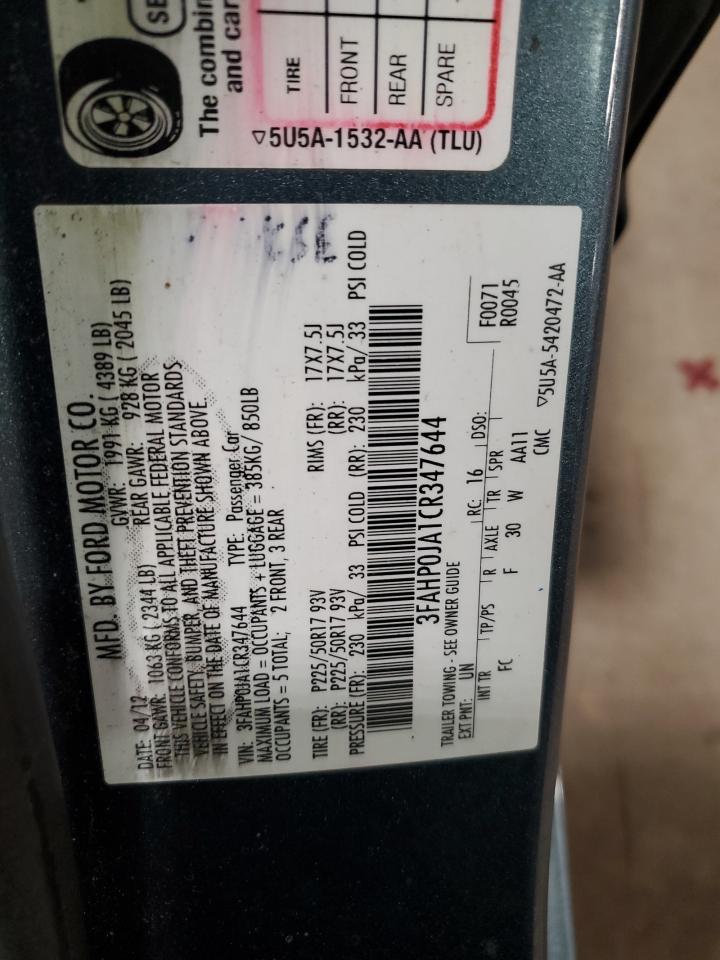 2012 Ford Fusion VIN 3FAHP0JA1CR347644 Copart auction photo, side damage thumbnail 12