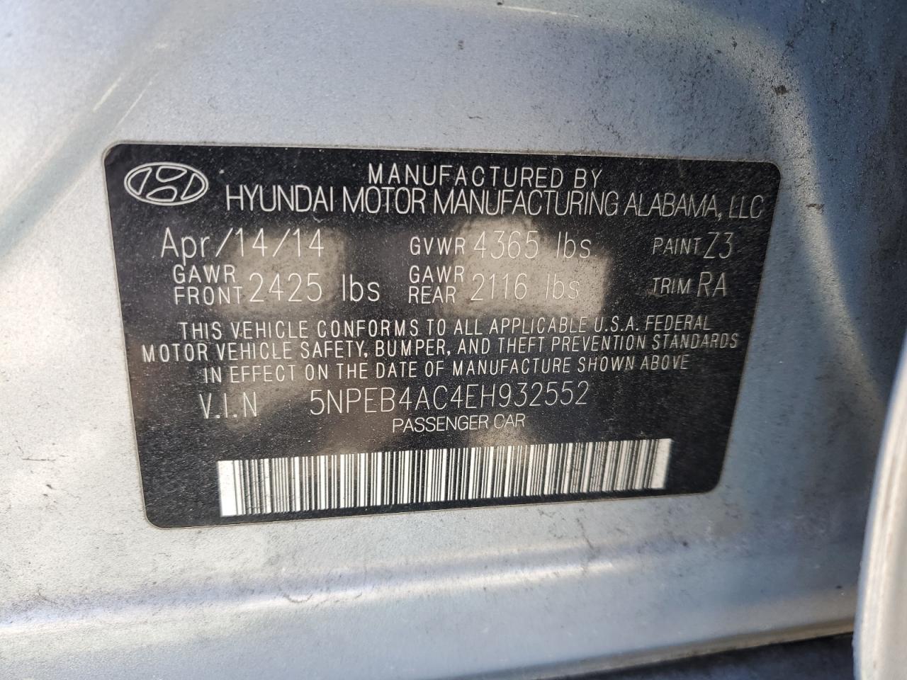 2014 Hyundai Sonata VIN 5NPEB4AC4EH932552 Copart auction photo, rear end damage thumbnail 14