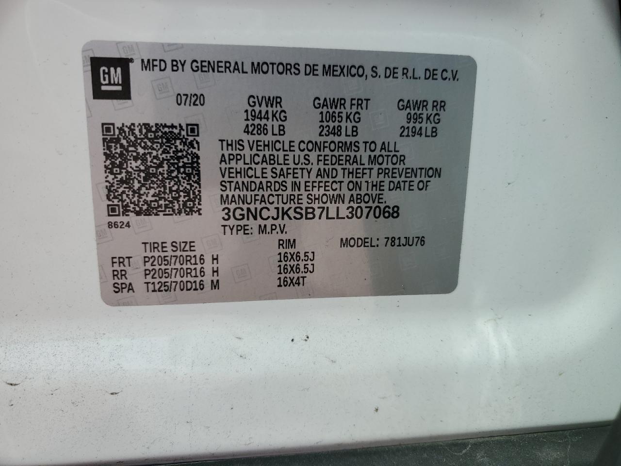 2020 Chevrolet Trax VIN 3GNCJKSB7LL307068 Copart auction photo, rear end / minor dent/scratches damage thumbnail 13