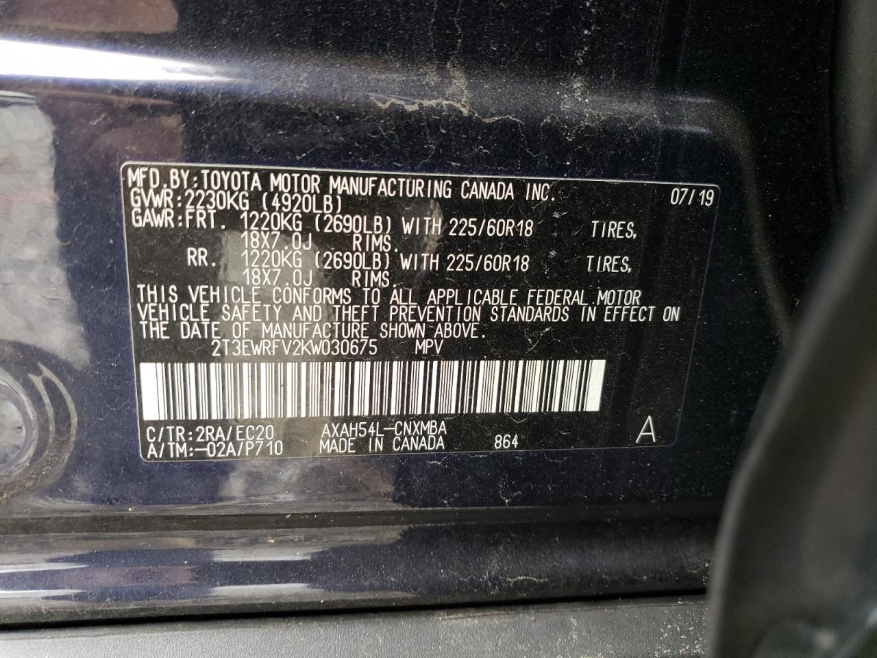 2019 Toyota RAV 4 VIN 2T3EWRFV2KW030675 Copart auction photo, side / front end damage thumbnail 13