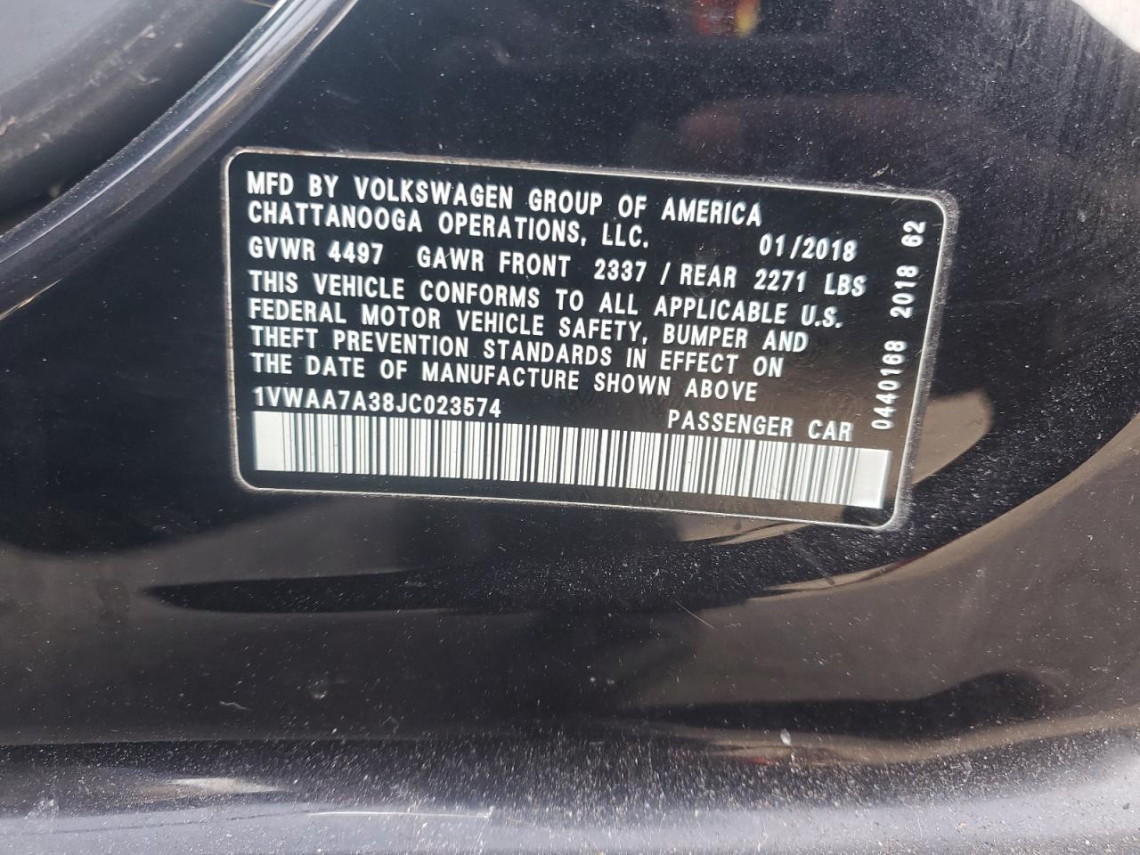 2018 Volkswagen Passat VIN 1VWAA7A38JC023574 Copart auction photo, side / front end damage thumbnail 14