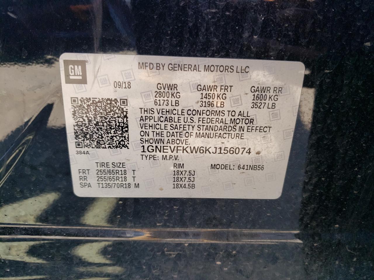 2019 Chevrolet Traverse VIN 1GNEVFKW6KJ156074 Copart auction photo, rear end / side damage thumbnail 13