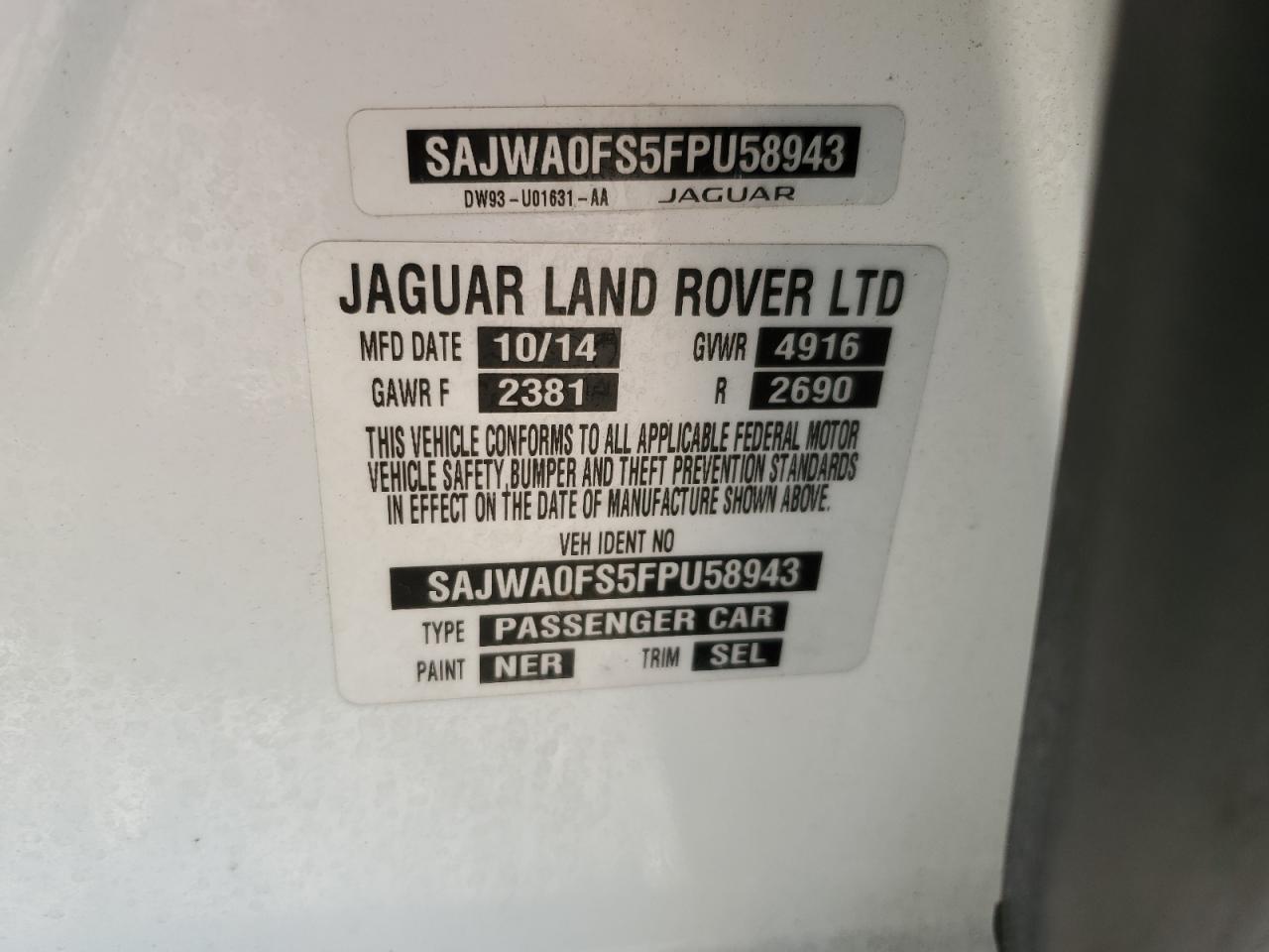 2015 Jaguar XF VIN SAJWA0FS5FPU58943 Copart auction photo, front end damage thumbnail 12