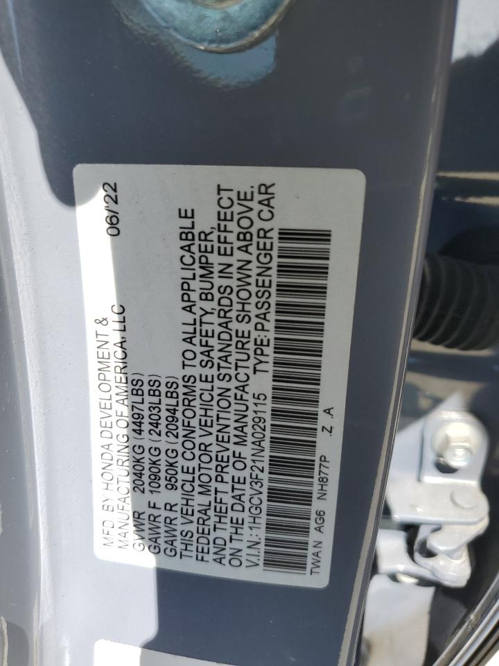 2022 Honda Accord VIN 1HGCV3F21NA029115 Copart auction photo, rear end / minor dent/scratches damage thumbnail 12
